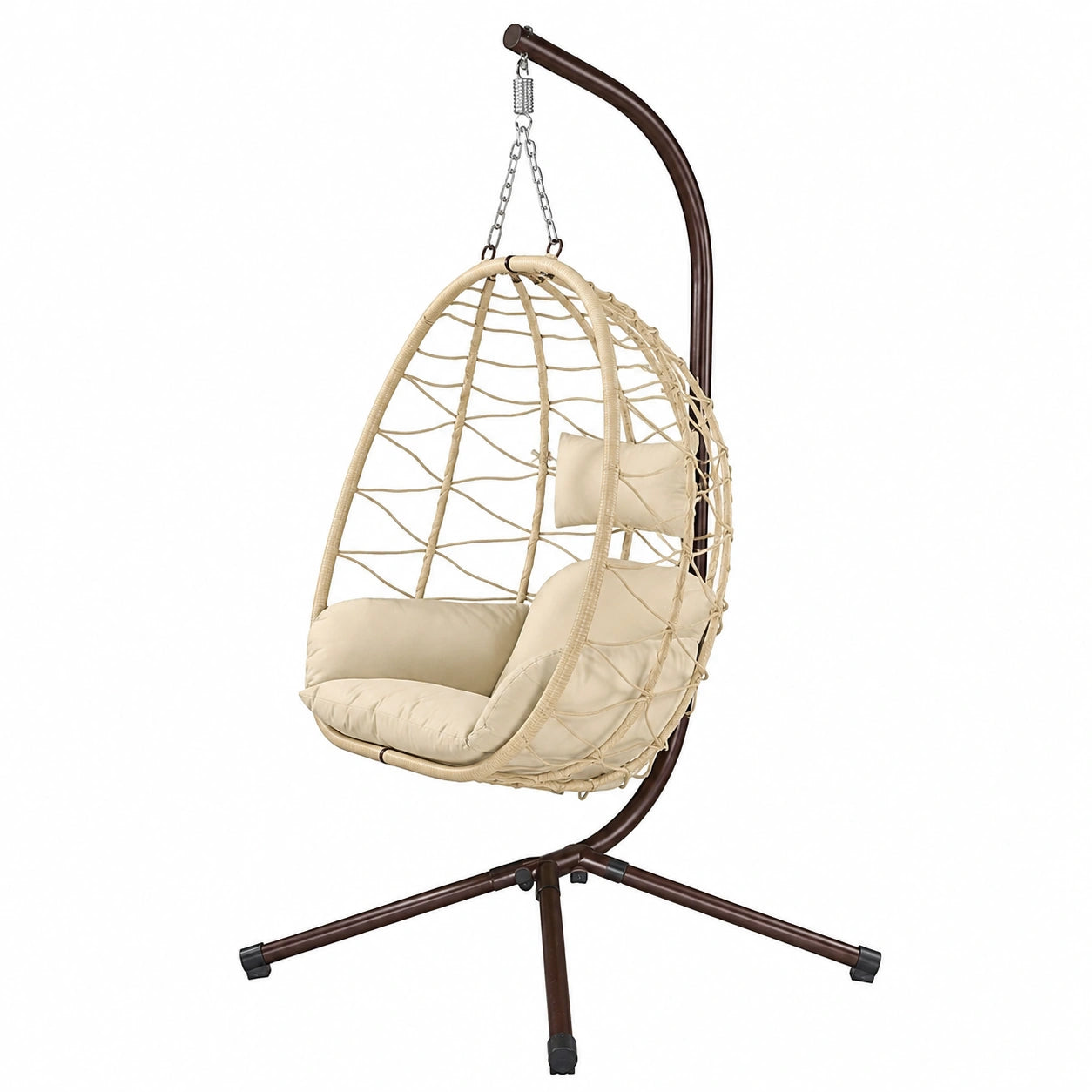 Sedia a Dondolo da Giardino in Rattan con Struttura in Metallo e Cuscini Beige