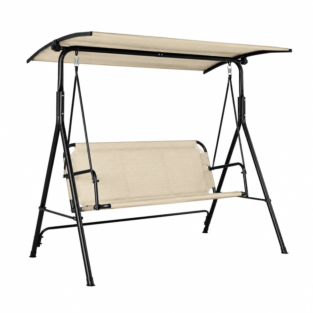 Sedia a Dondolo da Giardino 3 Posti con Parasole Regolabile, Metallo e Tessuto Traspirante, Ergonomica per Esterni, Beige