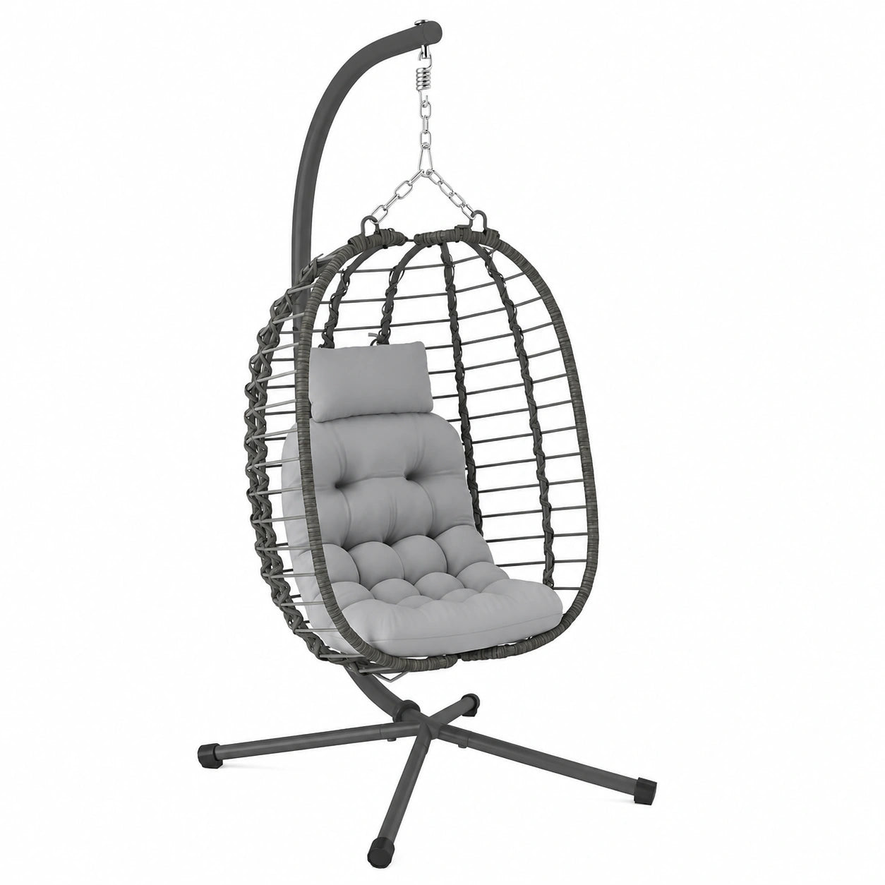 Outsunny Sedia a Uovo Sospesa in Rattan con Supporto, Cuscini e Poggiatesta, Dondolo Pieghevole da Giardino, Base X in Acciaio, Uso Interno ed Esterno, Grigio Chiaro