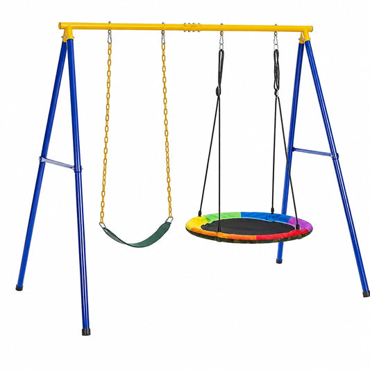 Set Altalena per Bambini in Metallo con Sedile Morbido e Altalena Nido, Capacità 300 kg, Giallo e Blu