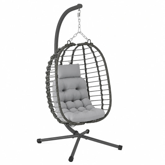Outsunny Sedia a Uovo Sospesa in Rattan con Supporto, Cuscini e Poggiatesta, Dondolo Pieghevole da Giardino, Base X in Acciaio, Uso Interno ed Esterno, Grigio Chiaro