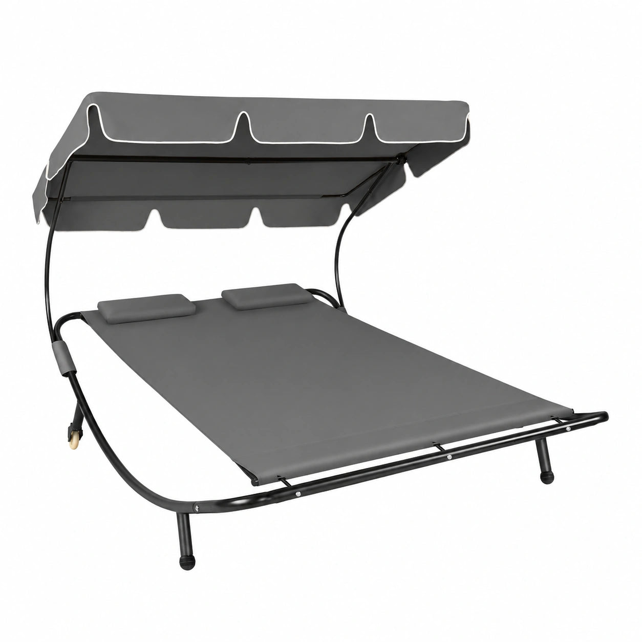 Lettino Doppio da Giardino con Cuscini e Tenda Pieghevole – Struttura Resistente e Rotelle, Nero/Grigio