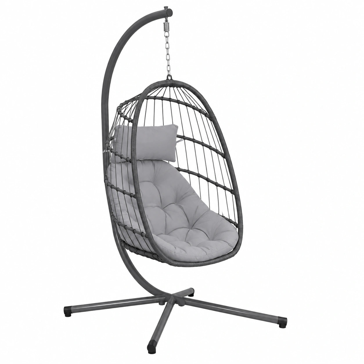 Sedia a Uovo Sospesa Pieghevole in Rattan Sintetico con Cuscini Antracite