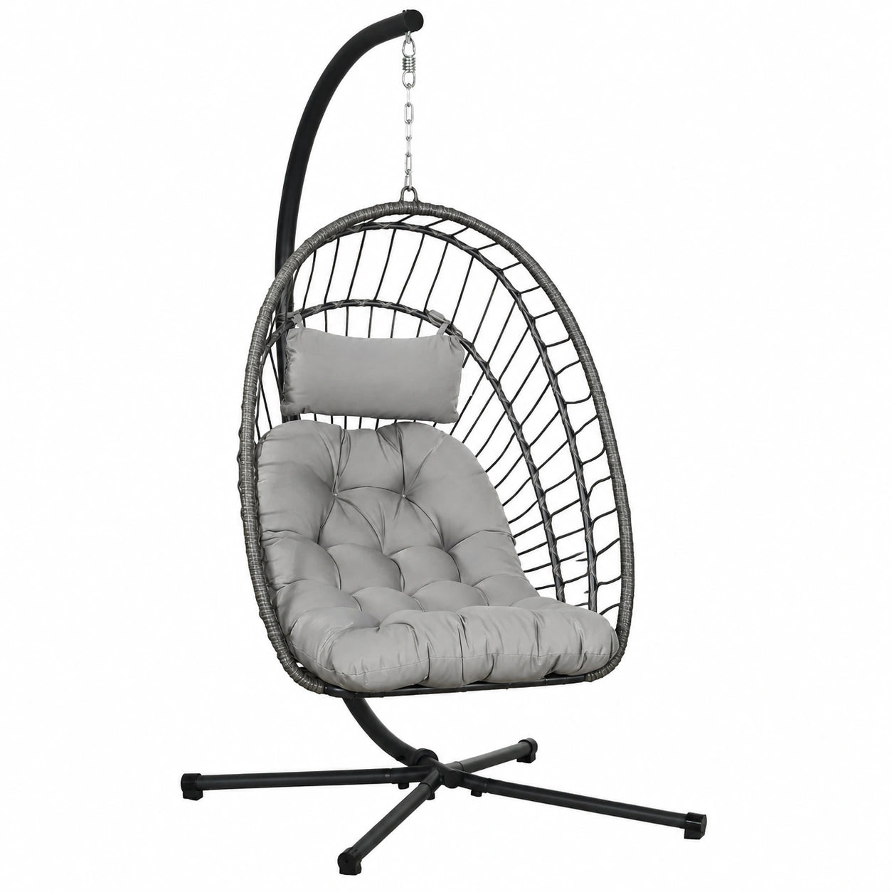 Outsunny Sedia Pensile in Rattan PE con Cuscino Morbido, Poltrona a Dondolo Pieghevole in Acciaio, Colore Grigio