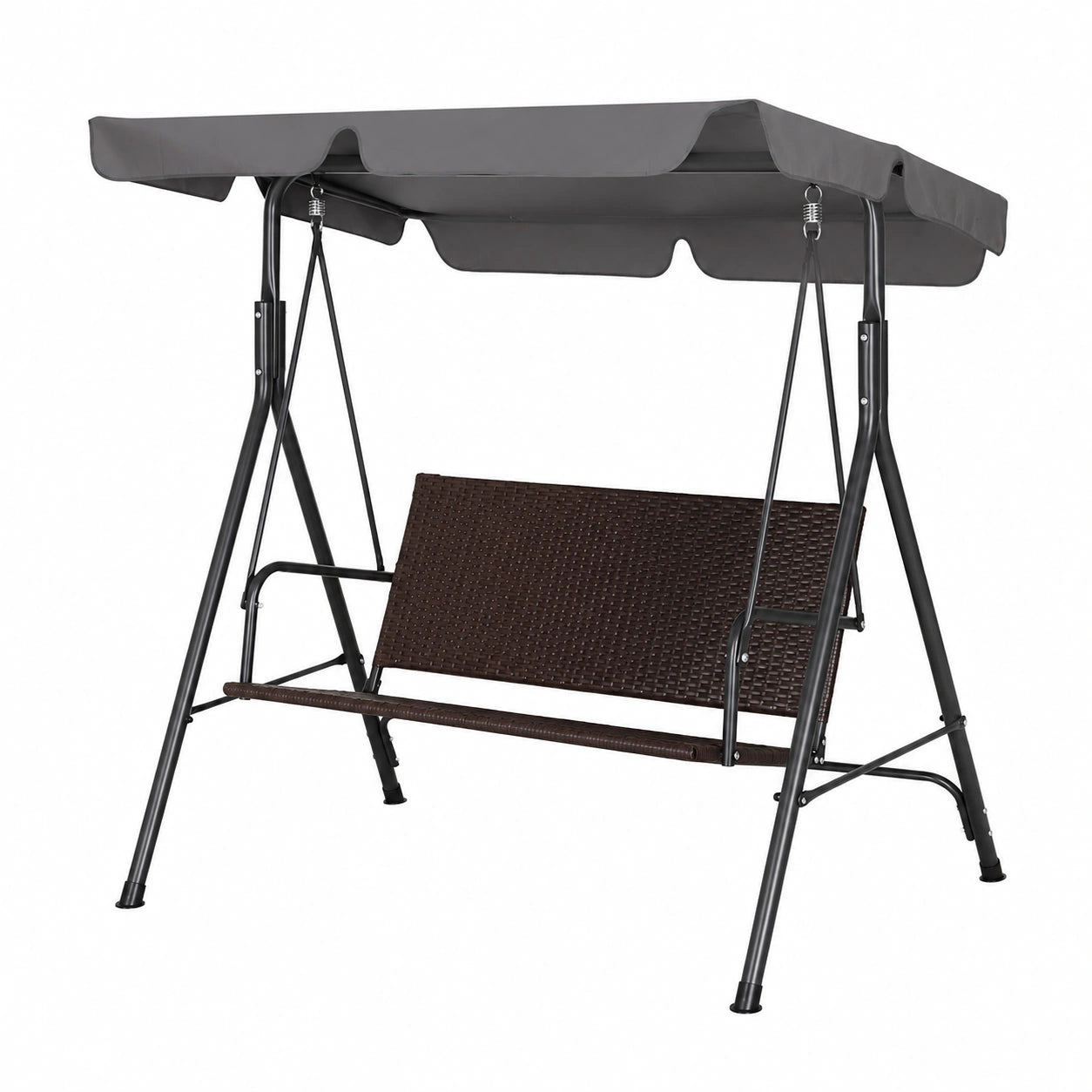 Sedia a Dondolo da Giardino in Rattan 2 Posti con Tettuccio Regolabile, Struttura in Acciaio, 180 kg, 140x110x151 cm, Marrone e Grigio