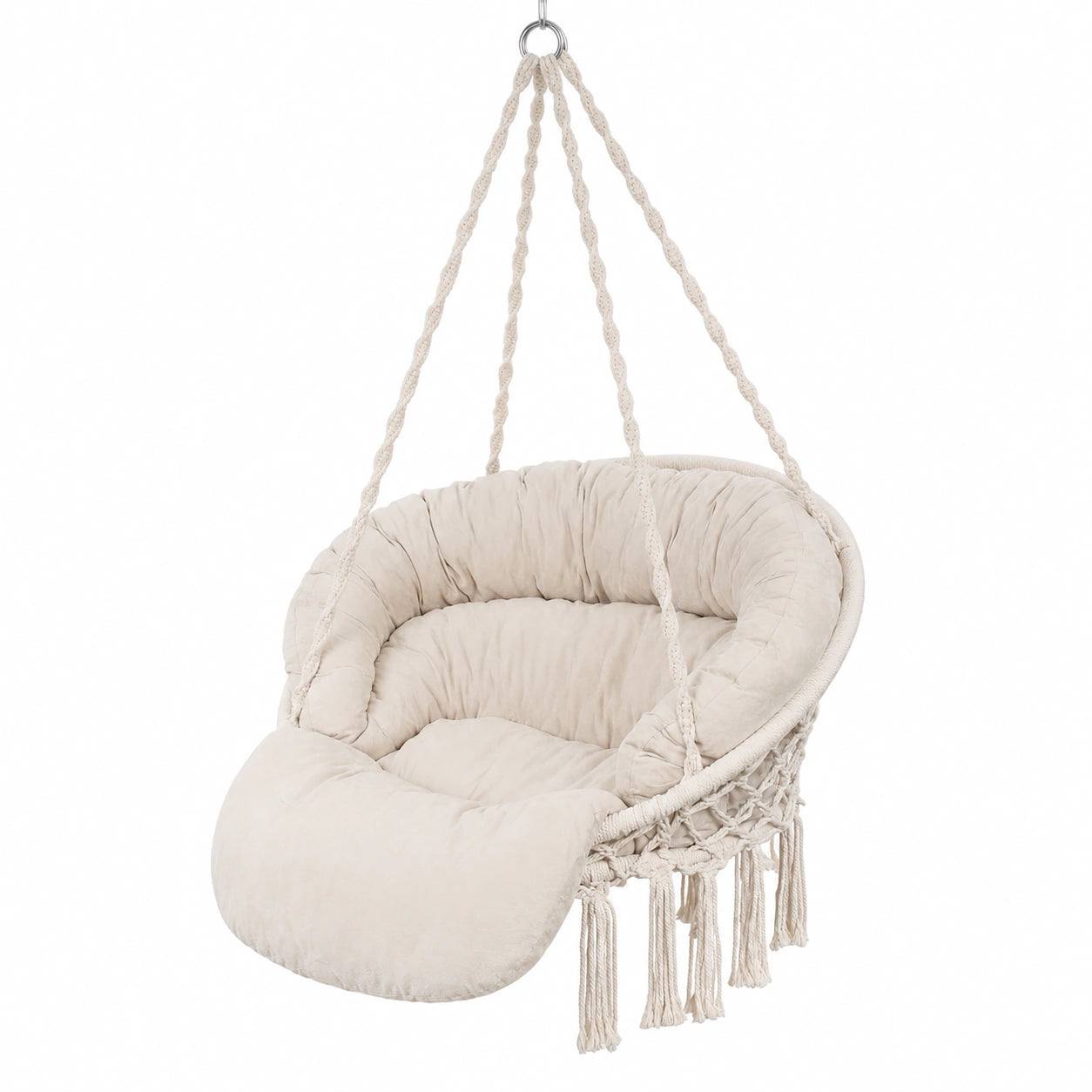 Sedia a Dondolo in Cotone Macramè, 150 kg, con Cuscino, per Interni ed Esterni, Stile Bohémien, Beige
