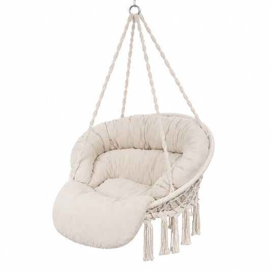 Sedia a Dondolo in Cotone Macramè, 150 kg, con Cuscino, per Interni ed Esterni, Stile Bohémien, Beige
