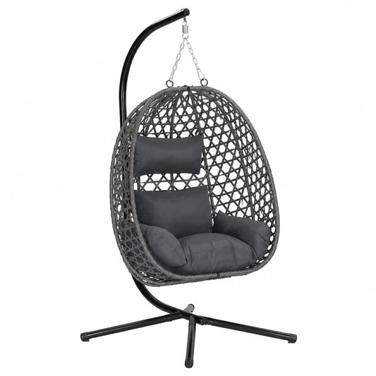 Sedia a Uovo Sospesa in Rattan PE con Supporto Regolabile, Cuscini e Poggiatesta, per Giardino e Terrazza, 102x100x196 cm, Grigio